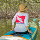 Grateful Diver Classic UV Shirt Hoodie in white back shot on model on kayak in mangroves