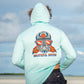 Grateful Diver Sugar Skull UV Shirt Hoodie in seagrass showing back on model on sandbar
