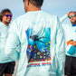 Grateful Diver Reef Diver UV Shirt in arctic blue on model showing back with two guys and blue sky in the background