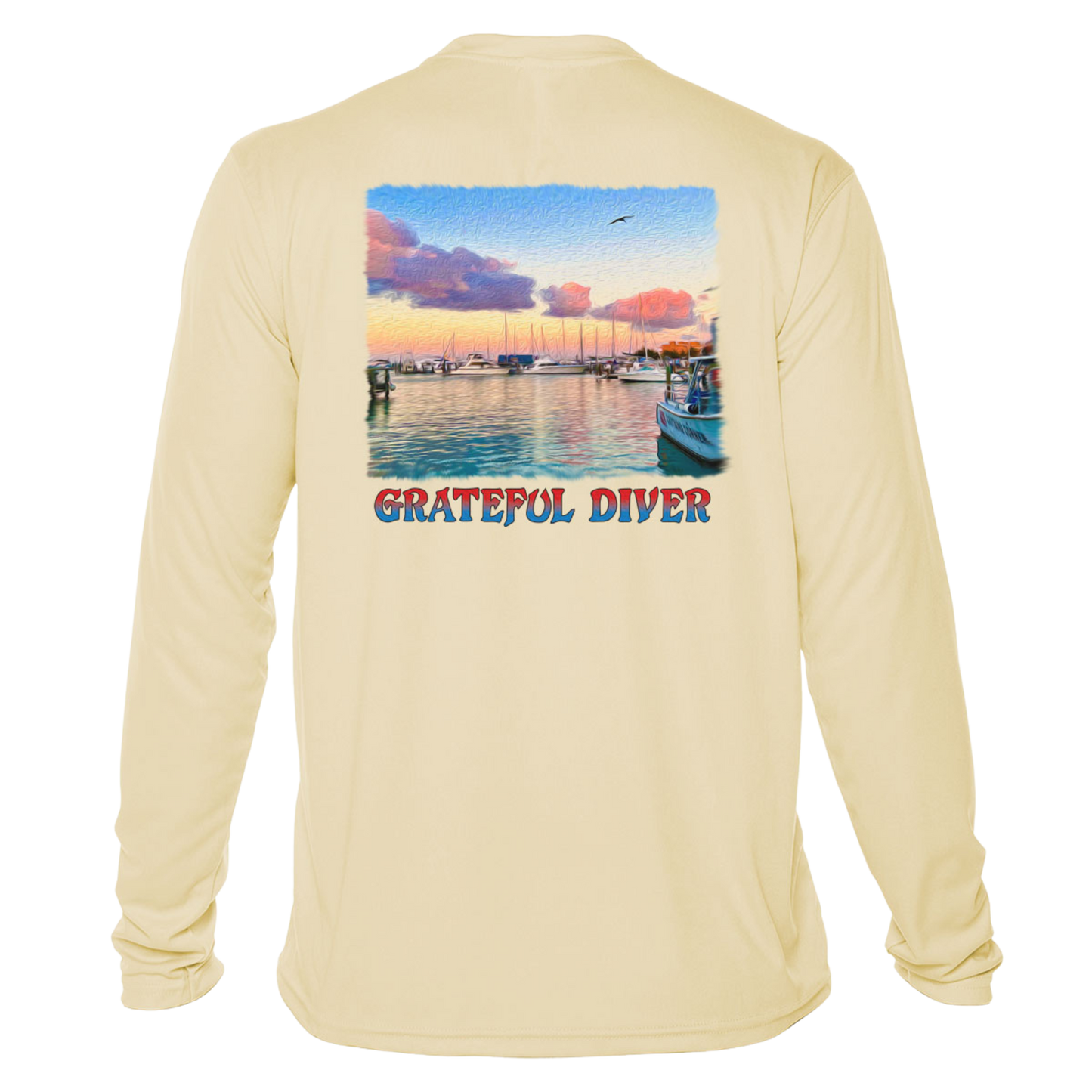 back of the Grateful Diver's Artist's Collection: Captain's Corner UV Shirt in pale yellow showing docked boats at sunrise
