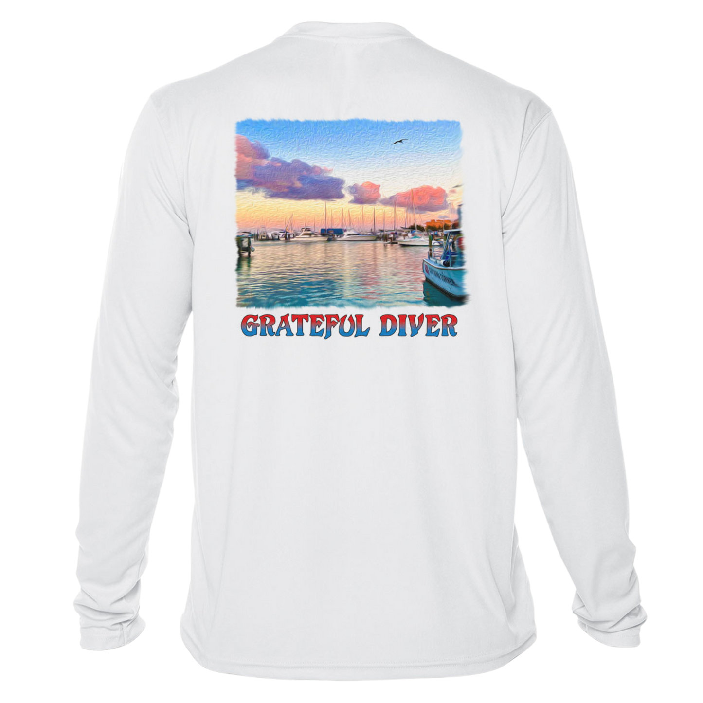 back of the Grateful Diver's Artist's Collection: Captain's Corner UV Shirt in white showing docked boats at sunrise