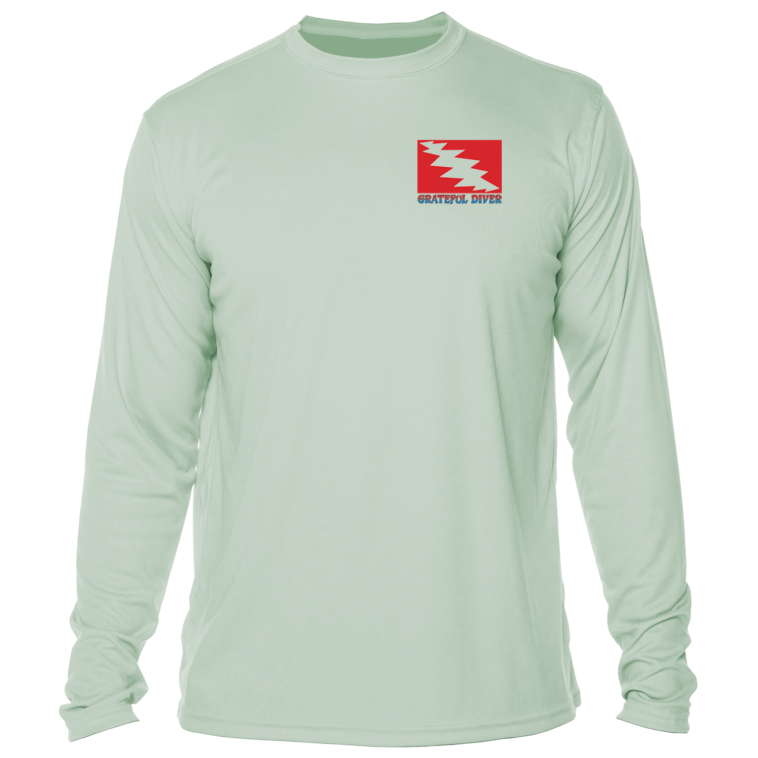 front of Grateful Diver's Artist's Collection: Island Life UV Shirt in seagrass showing the classic dive flag logo