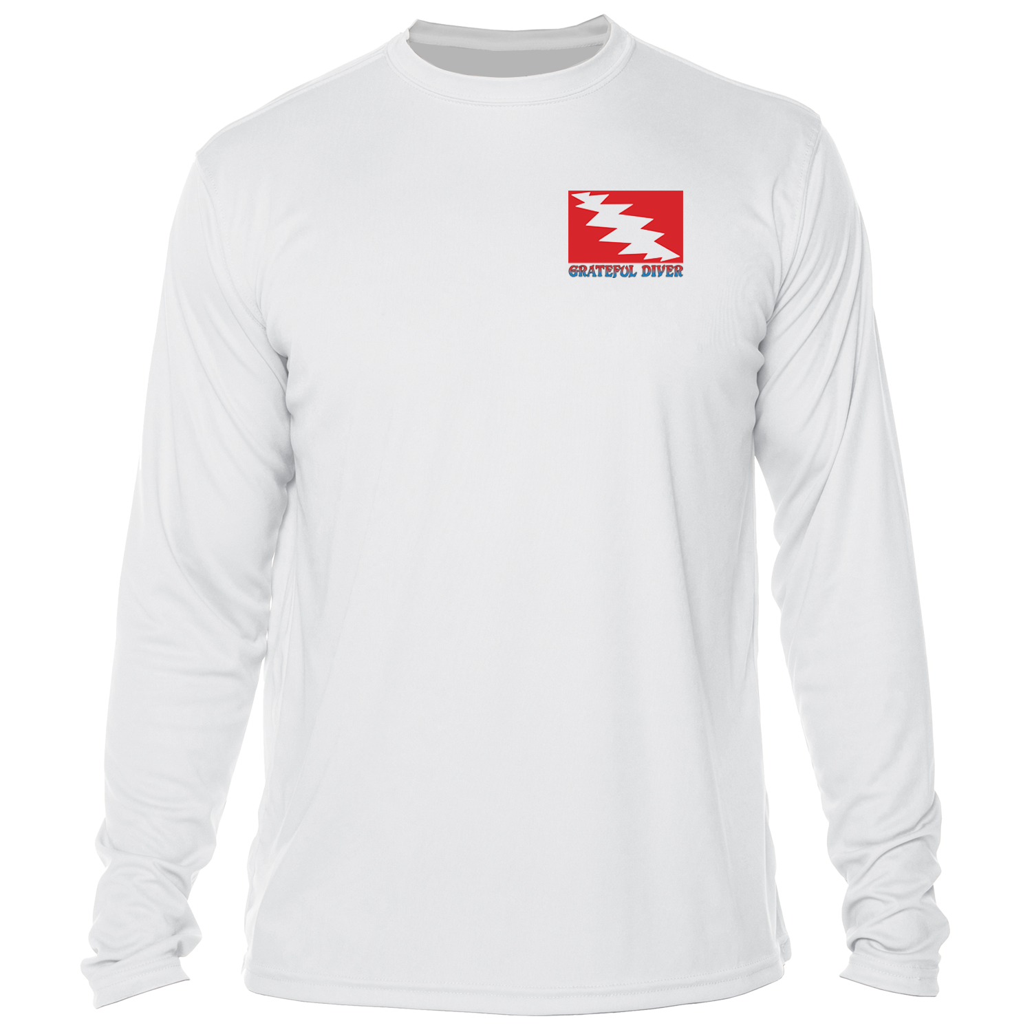 front of Grateful Diver's Artist's Collection: Island Life UV Shirt in white showing the classic dive flag logo