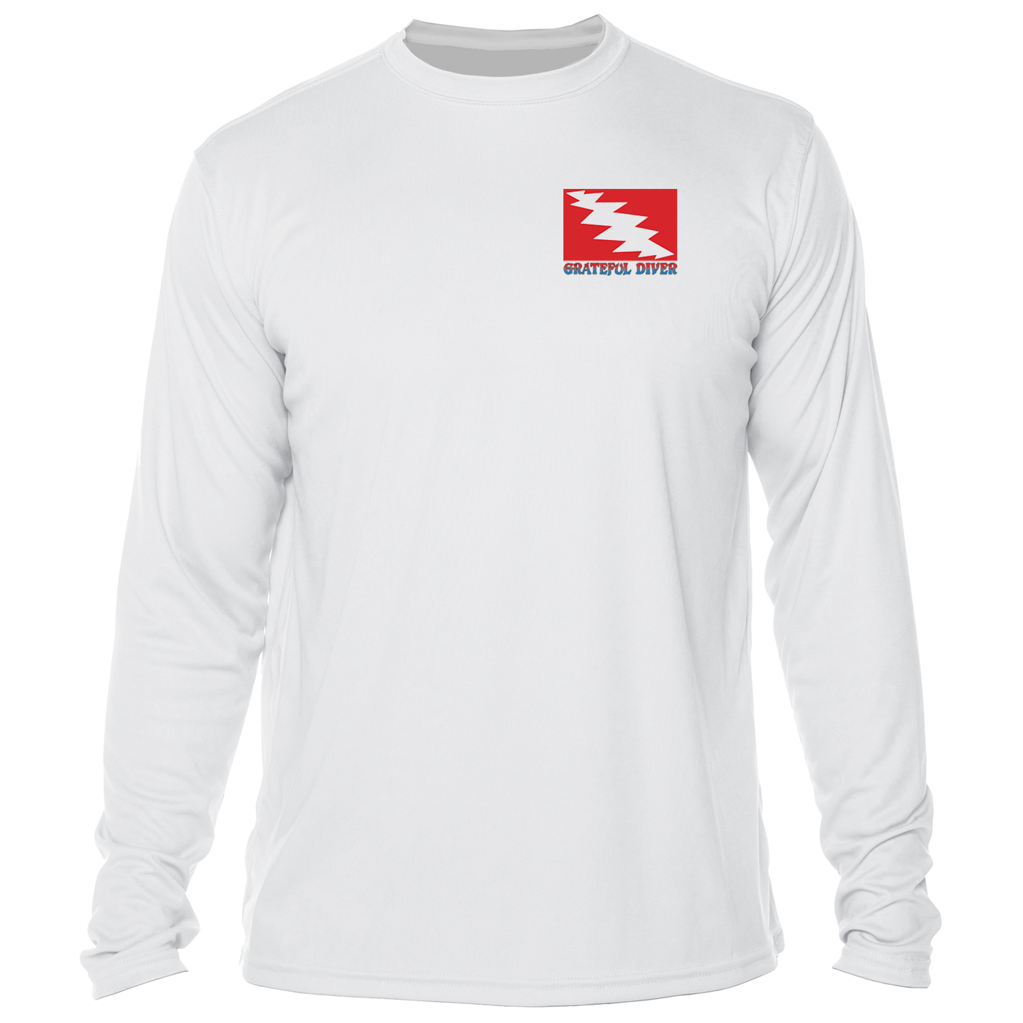 front of Grateful Diver Arden Garrett Memorial UV Shirt in white showing classic dive flag logo