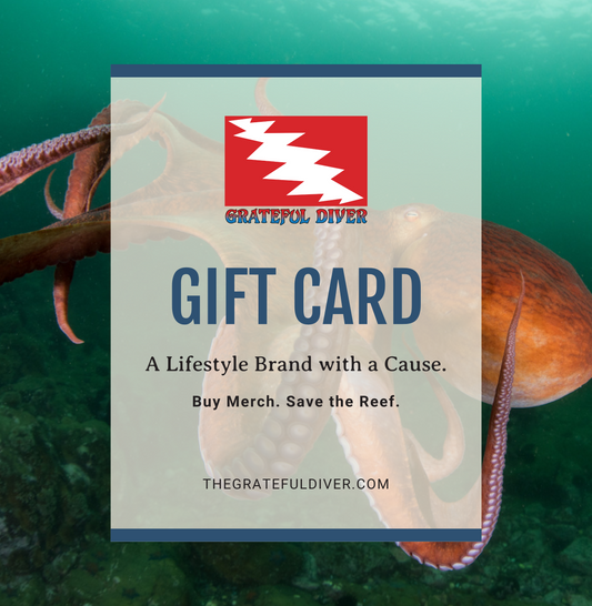 Grateful Diver lightning bold dive flag logo and Gift Card copy over a deep-sea octopus image