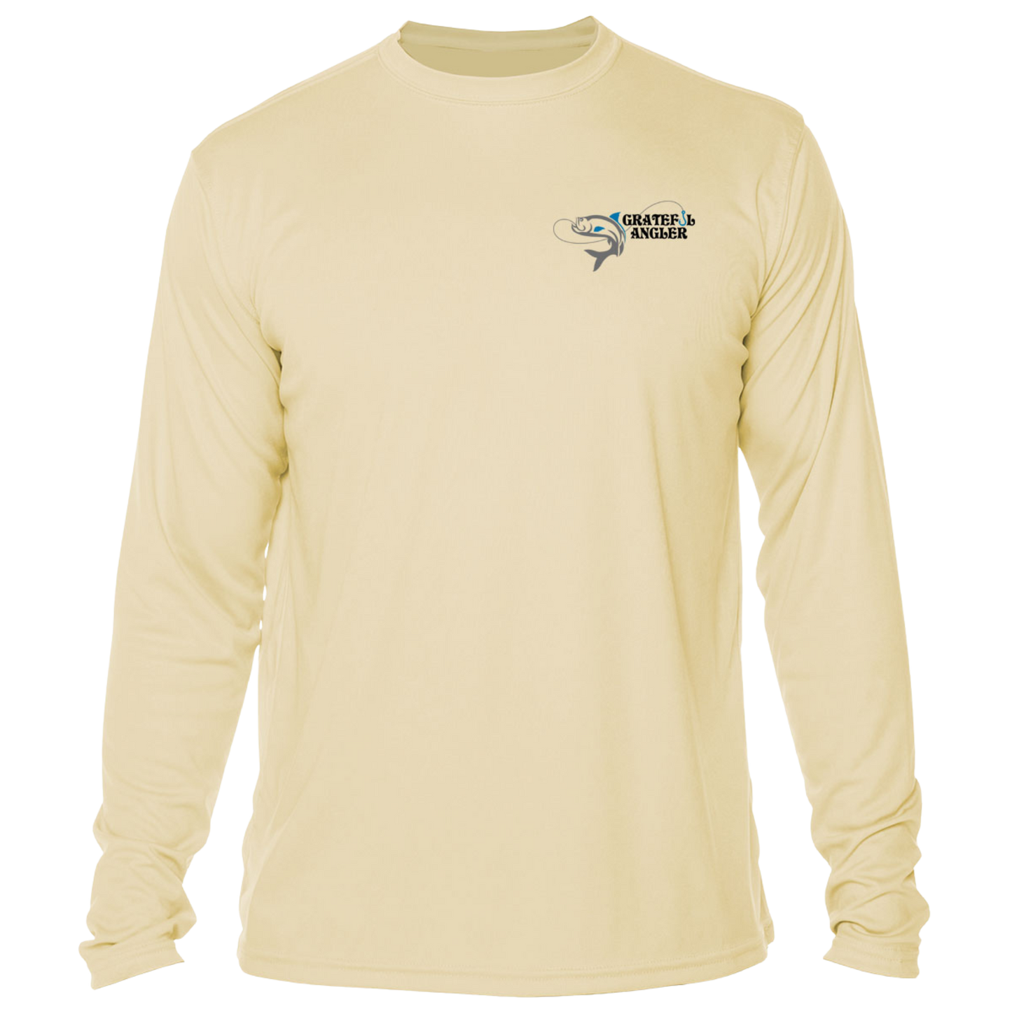 front of pale yellow Grateful Angler Tossing the Cast Net UV Shirt showing fish-on-a-line logo