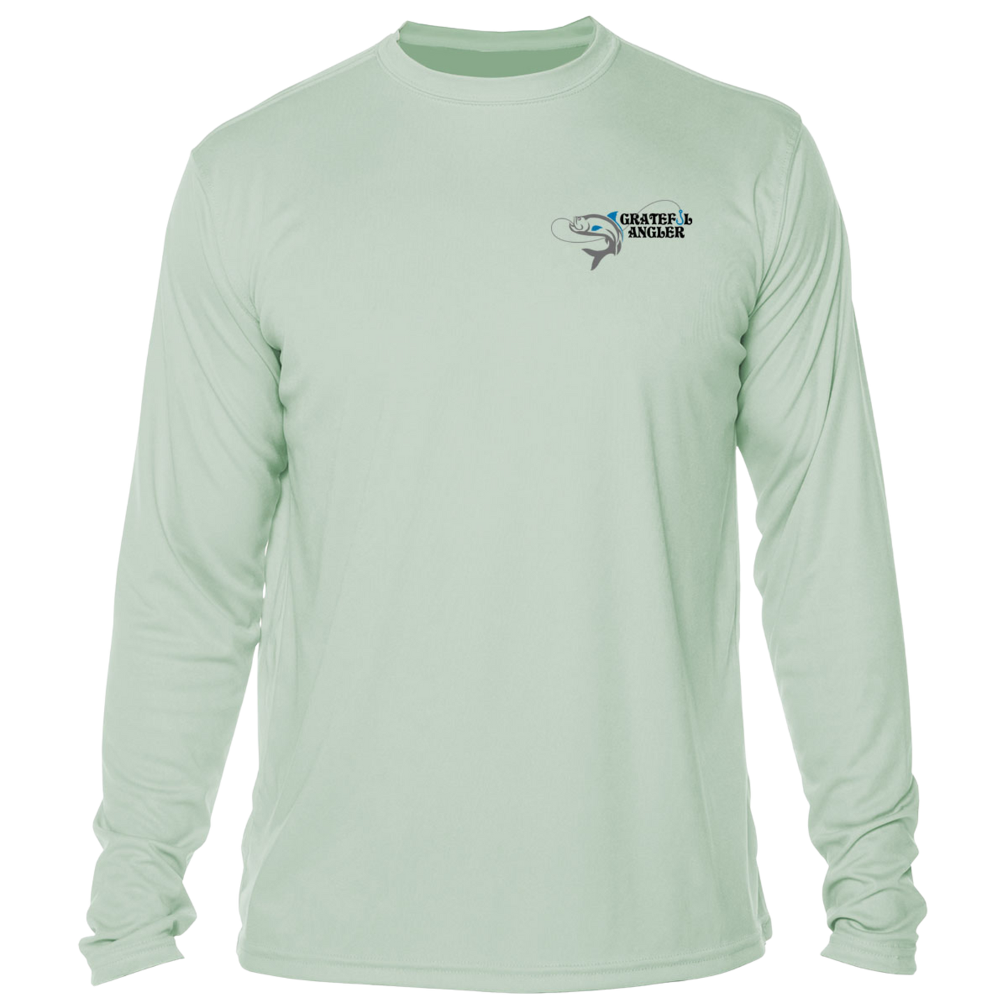 front of seagrass Grateful Angler Tossing the Cast Net UV Shirt showing fish-on-a-line logo