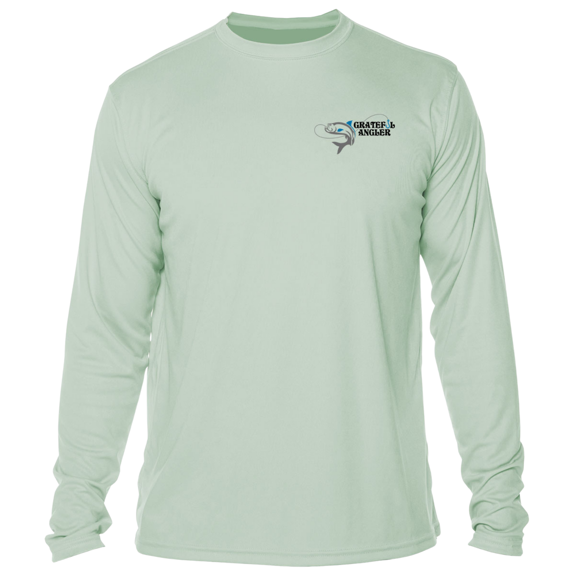 front of seagrass Grateful Angler Tossing the Cast Net UV Shirt showing fish-on-a-line logo