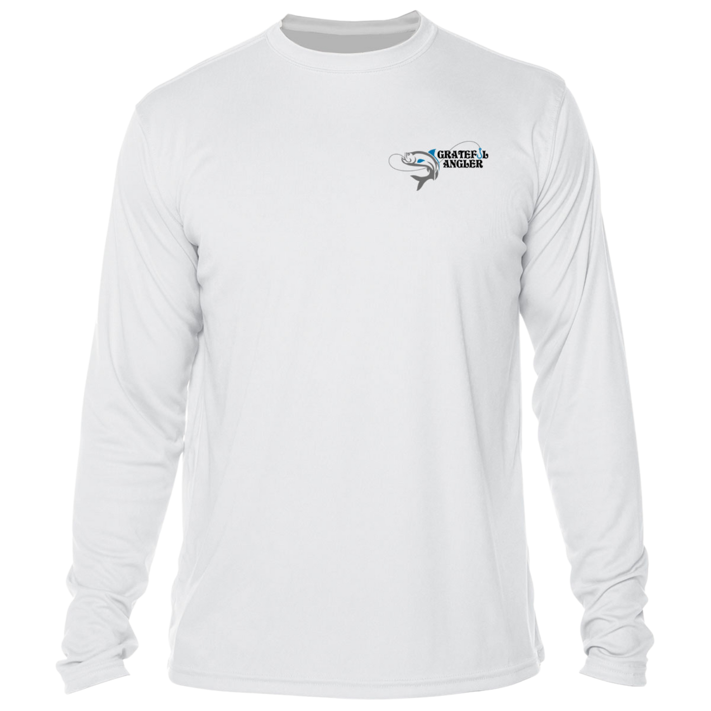 front of white Grateful Angler Tossing the Cast Net UV Shirt showing fish-on-a-line logo