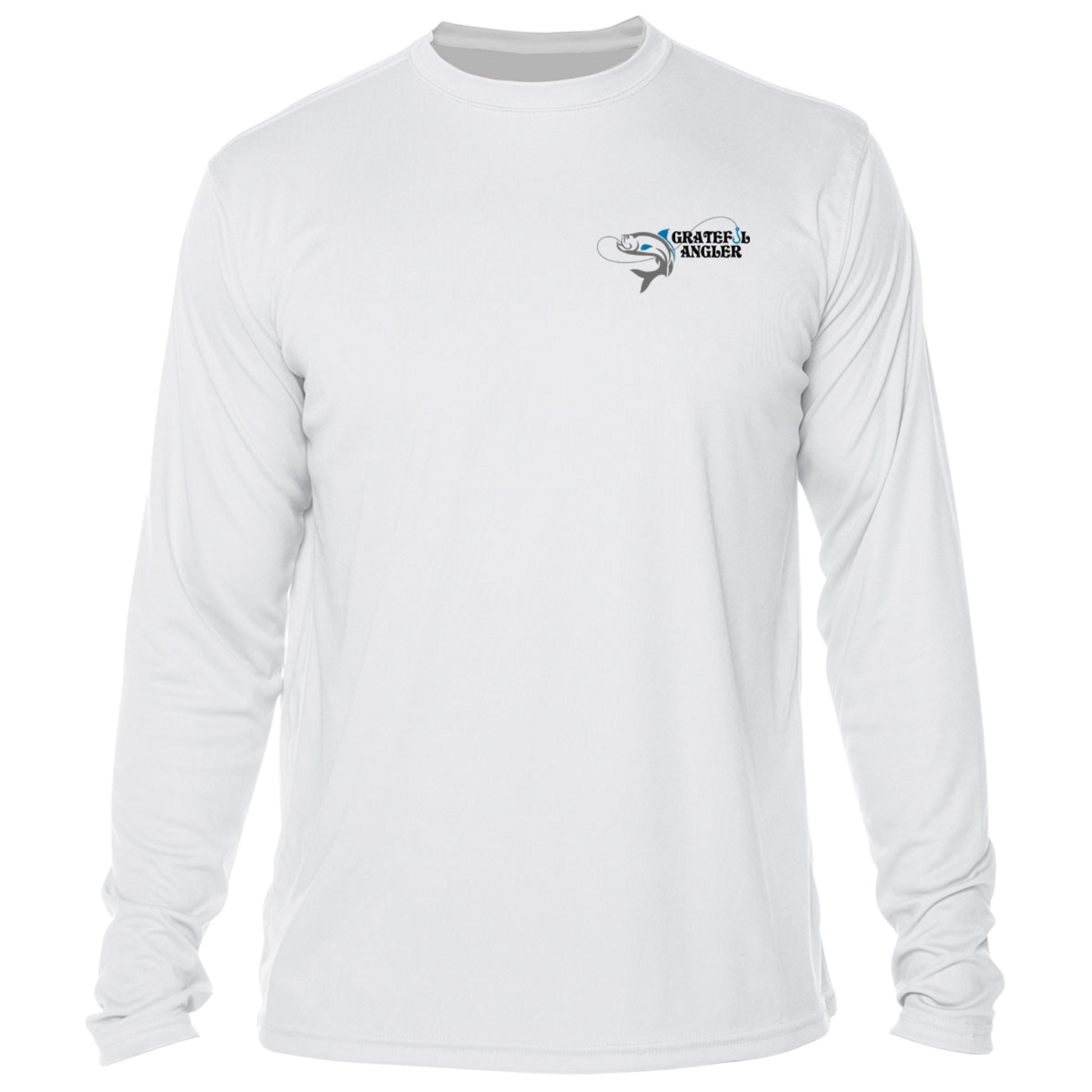 front of white Grateful Angler Tossing the Cast Net UV Shirt showing fish-on-a-line logo