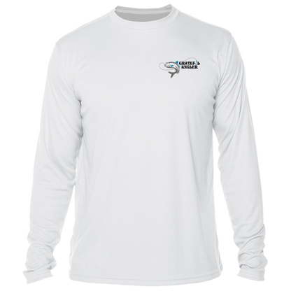 front of white Grateful Angler Tossing the Cast Net UV Shirt showing fish-on-a-line logo