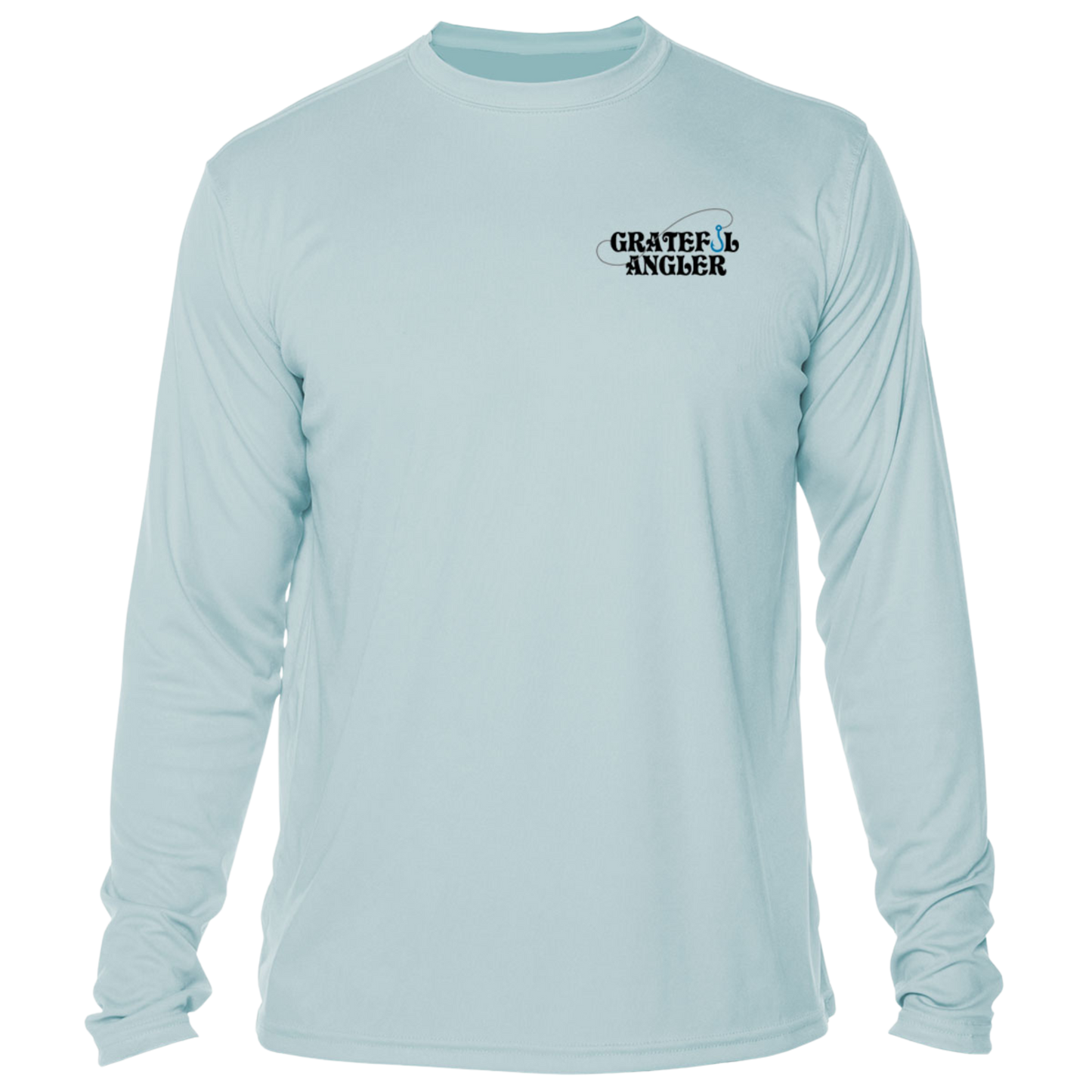front of arctic blue Grateful Angler Tailing Redfish UV Shirt showing the Grateful Angler fish hook logo