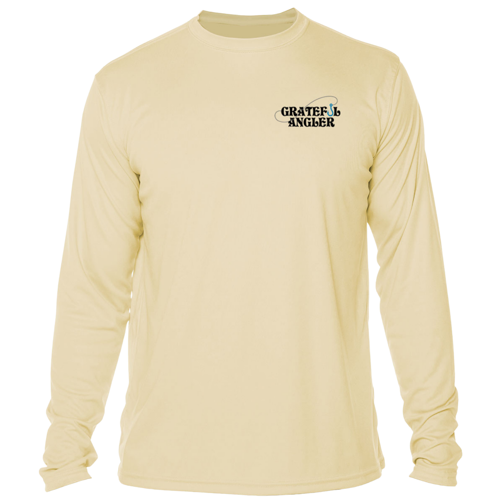 front of pale yellow Grateful Angler Tailing Redfish UV Shirt showing the Grateful Angler fish hook logo