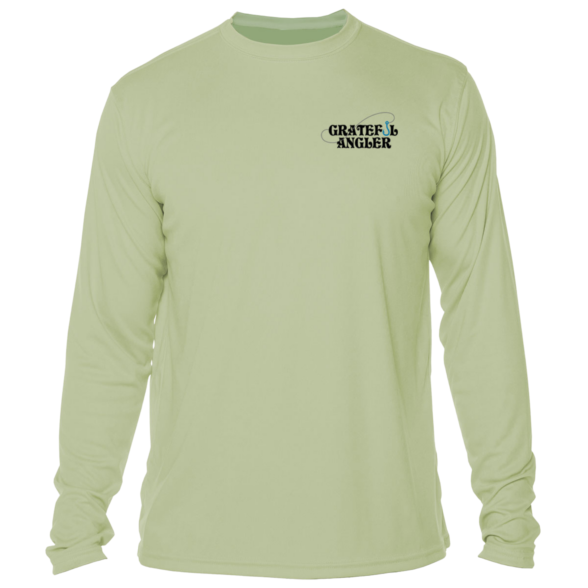 front of sage Grateful Angler Tailing Redfish UV Shirt showing the Grateful Angler fish hook logo