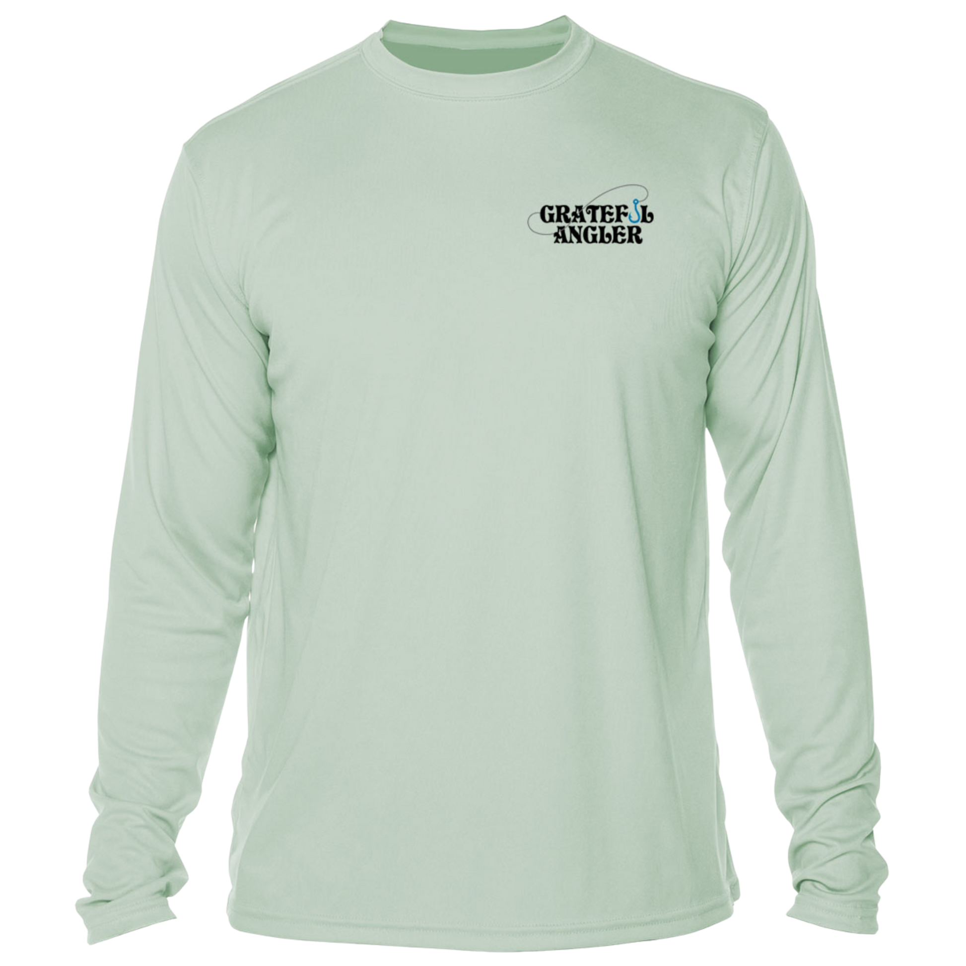 front of seagrass Grateful Angler Tailing Redfish UV Shirt showing the Grateful Angler fish hook logo