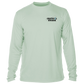 front of seagrass Grateful Angler Tailing Redfish UV Shirt showing the Grateful Angler fish hook logo