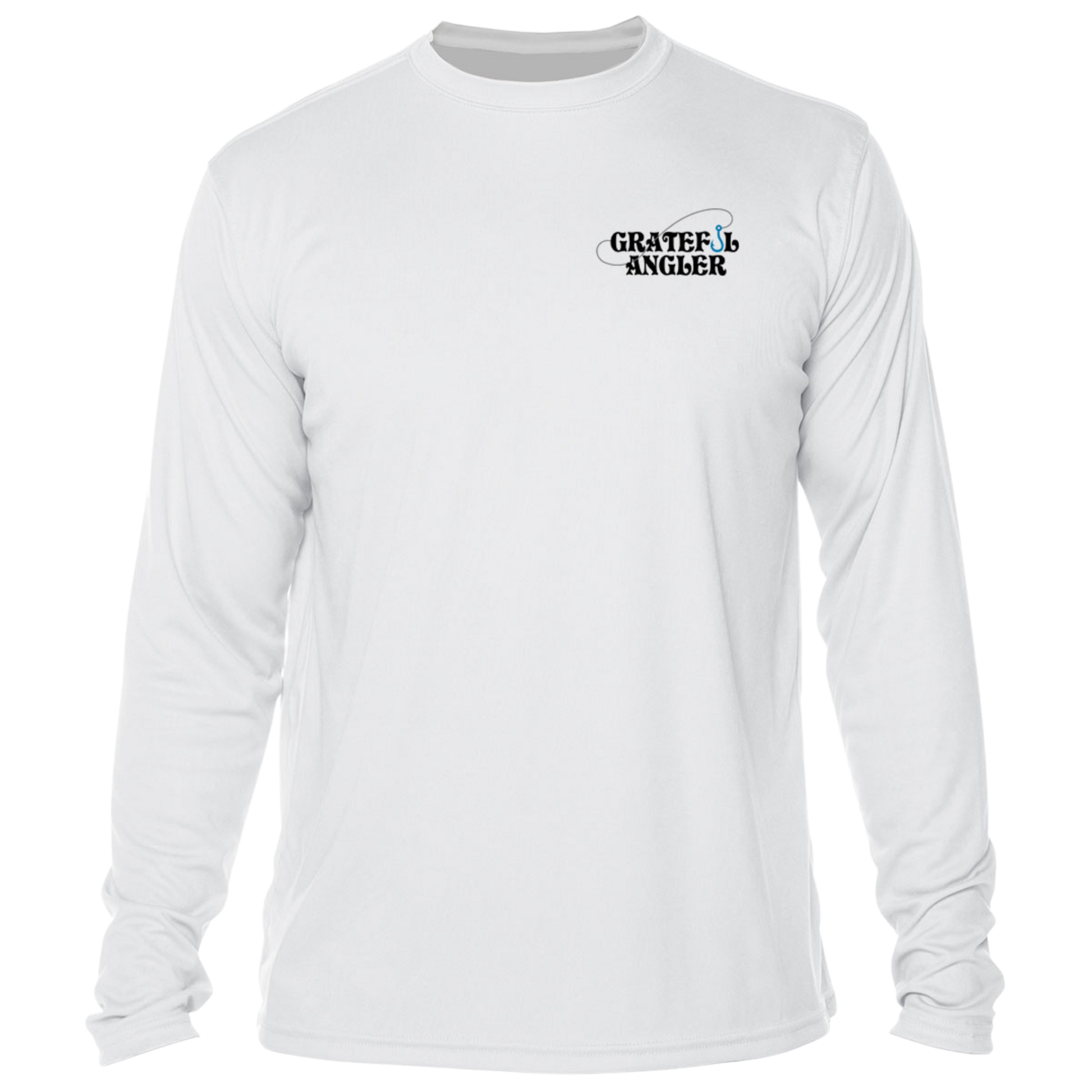 front of white Grateful Angler Tailing Redfish UV Shirt showing the Grateful Angler fish hook logo