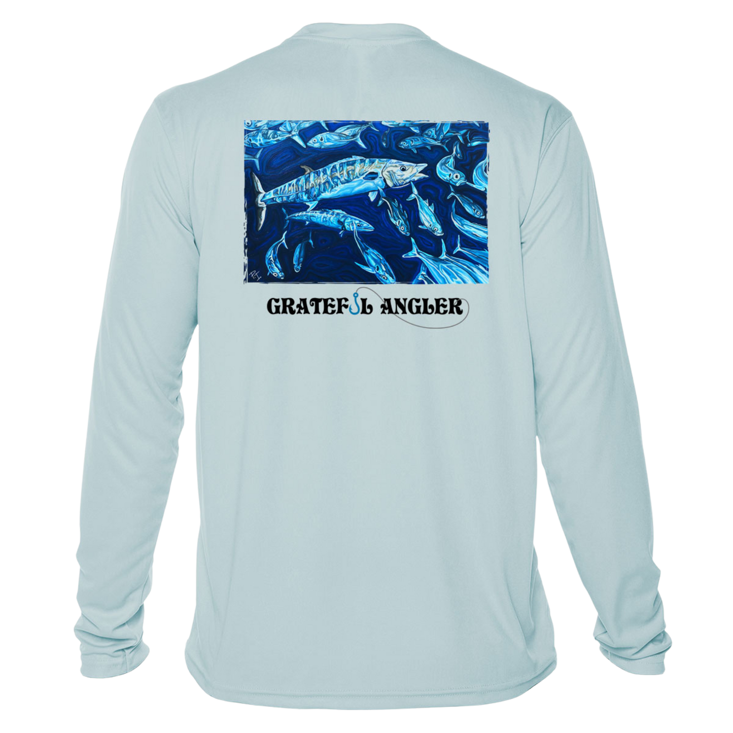 back of arctic blue Grateful Angler Artist's Collection: Hunting Wahoos UV Shirt showing vibrant artwork of wahoos and a school of fish