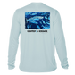 back of arctic blue Grateful Angler Artist's Collection: Hunting Wahoos UV Shirt showing vibrant artwork of wahoos and a school of fish
