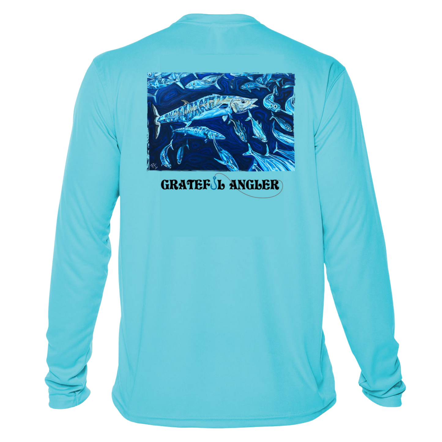 back of water blue Grateful Angler Artist's Collection: Hunting Wahoos UV Shirt showing vibrant artwork of wahoos and a school of fish