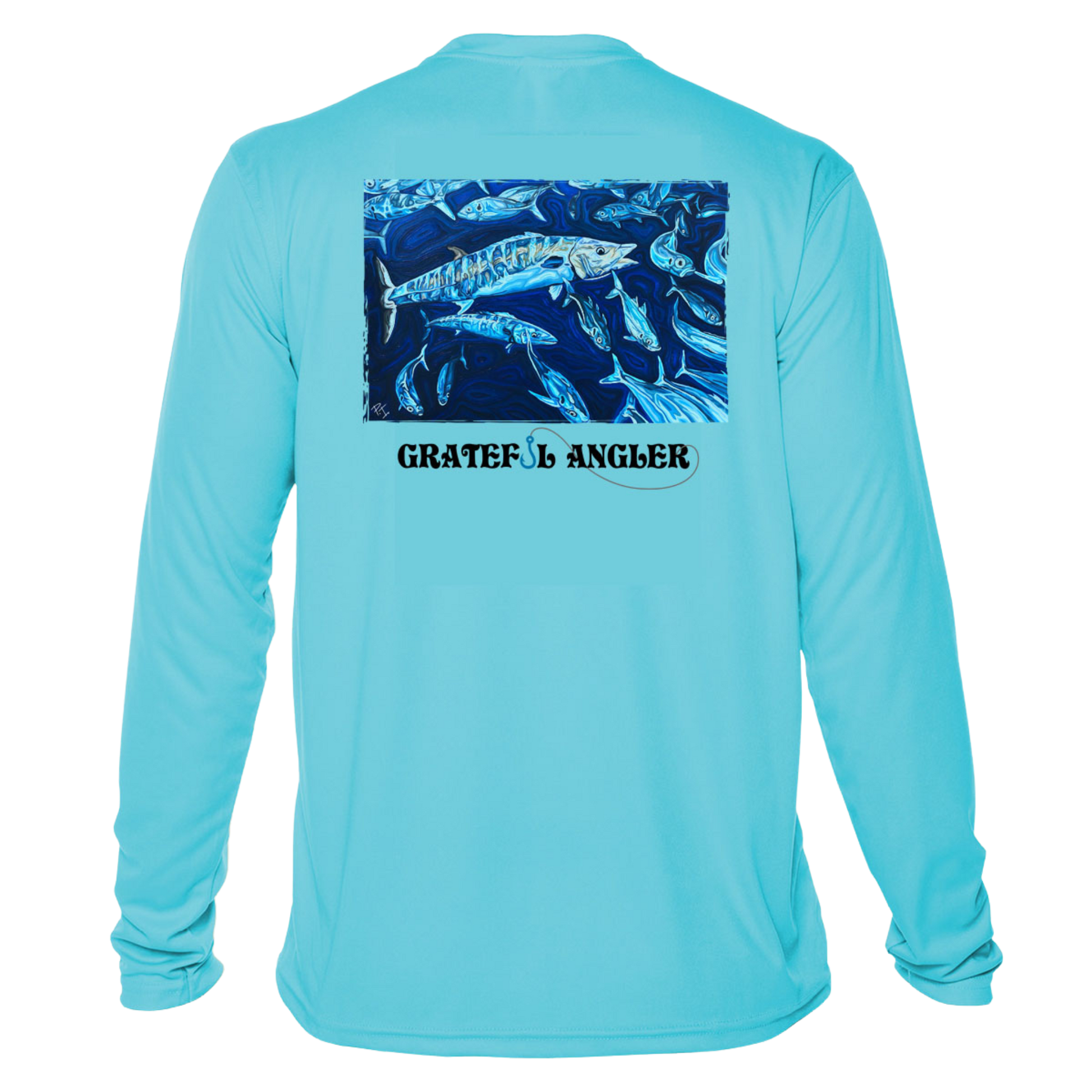 back of water blue Grateful Angler Artist's Collection: Hunting Wahoos UV Shirt showing vibrant artwork of wahoos and a school of fish