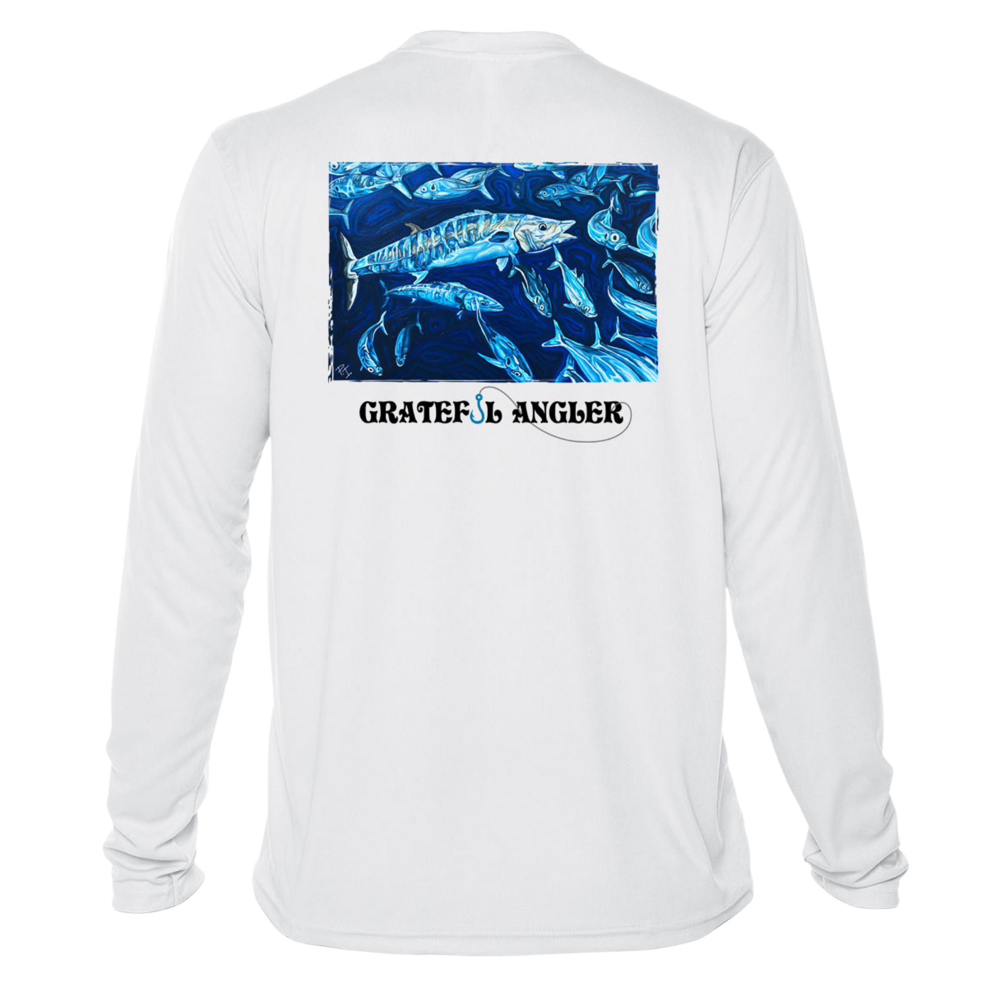 back of white Grateful Angler Artist's Collection: Hunting Wahoos UV Shirt showing vibrant artwork of wahoos and a school of fish