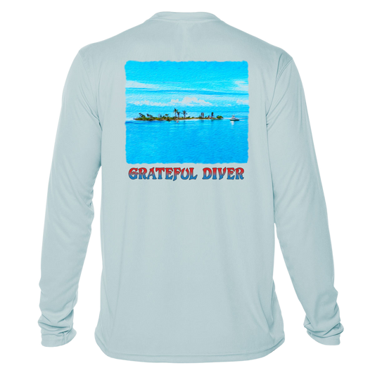 back of Grateful Diver's Artist's Collection: Island Life UV Shirt in arctic blue showing an island surrounded by blue water and sky