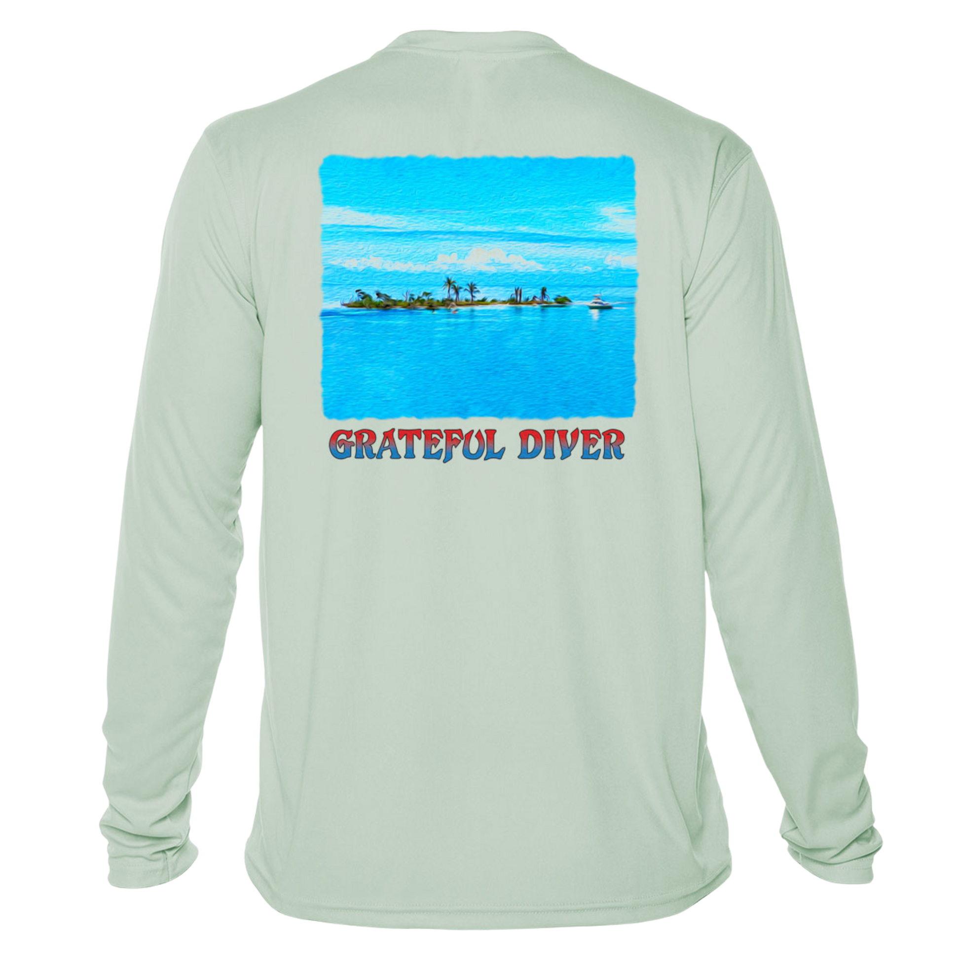 back of Grateful Diver's Artist's Collection: Island Life UV Shirt in seagrass showing an island surrounded by blue water and sky