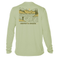 back of sage Grateful Angler Mountain Fishing UV Shirt showing a person fishing along the banks of a mountain lake