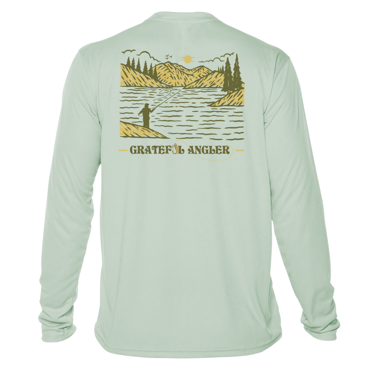 back of seagrass Grateful Angler Mountain Fishing UV Shirt showing a person fishing along the banks of a mountain lake