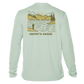 back of seagrass Grateful Angler Mountain Fishing UV Shirt showing a person fishing along the banks of a mountain lake
