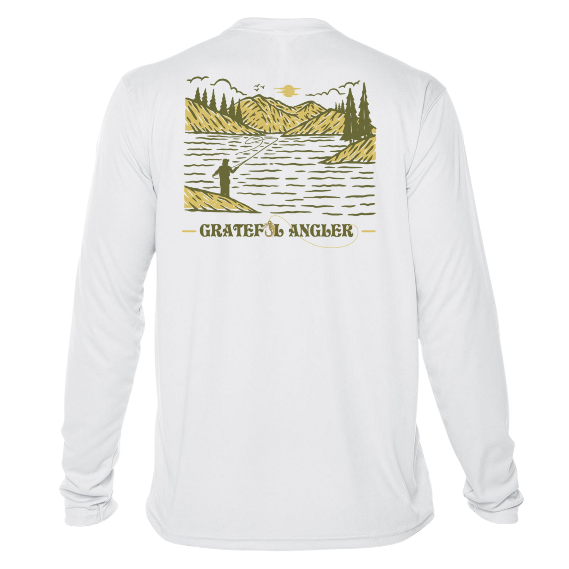 back of white Grateful Angler Mountain Fishing UV Shirt showing a person fishing along the banks of a mountain lake