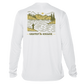 back of white Grateful Angler Mountain Fishing UV Shirt showing a person fishing along the banks of a mountain lake