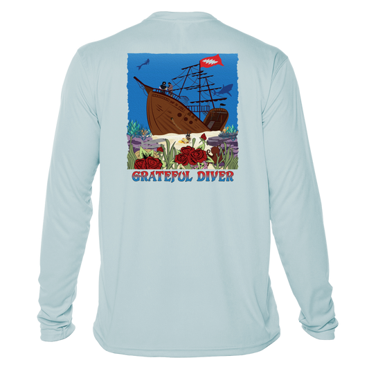 Grateful Diver Ship of Fools UV Shirt in arctic blue showing the back graphic