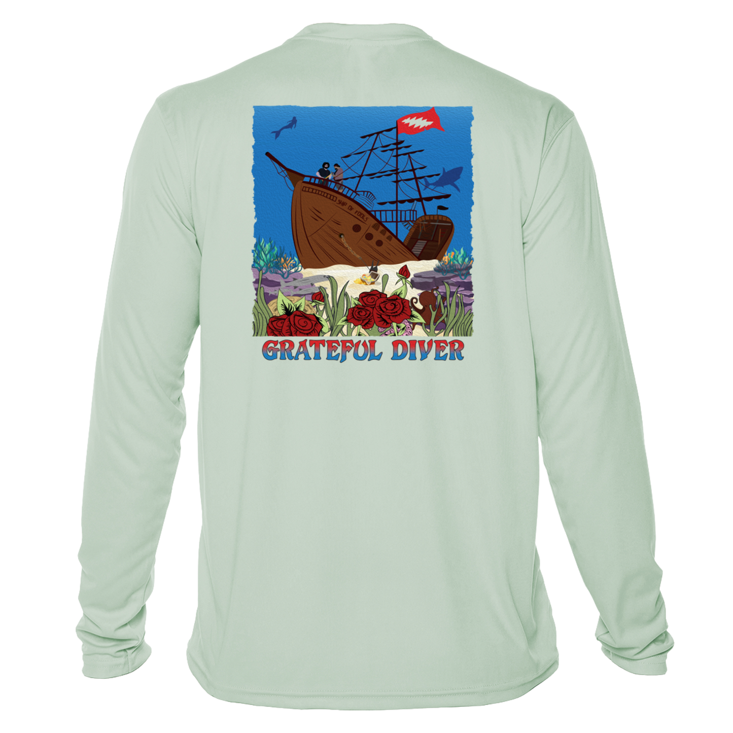Grateful Diver Ship of Fools UV Shirt in seagrass showing the back graphic
