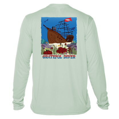 Grateful Diver Ship of Fools UV Shirt in seagrass showing the back graphic