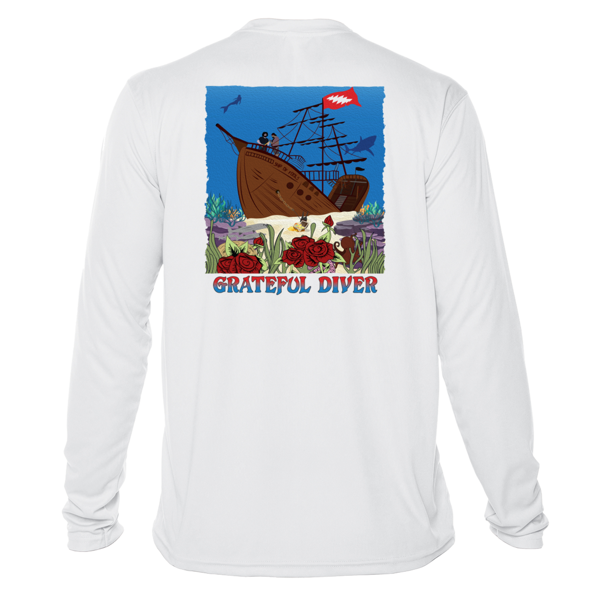 Grateful Diver Ship of Fools UV Shirt in white showing the back graphic