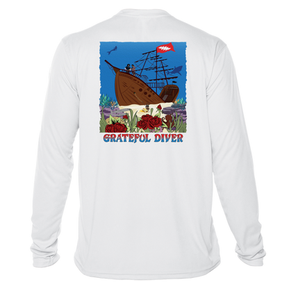 Grateful Diver Ship of Fools UV Shirt in white showing the back graphic