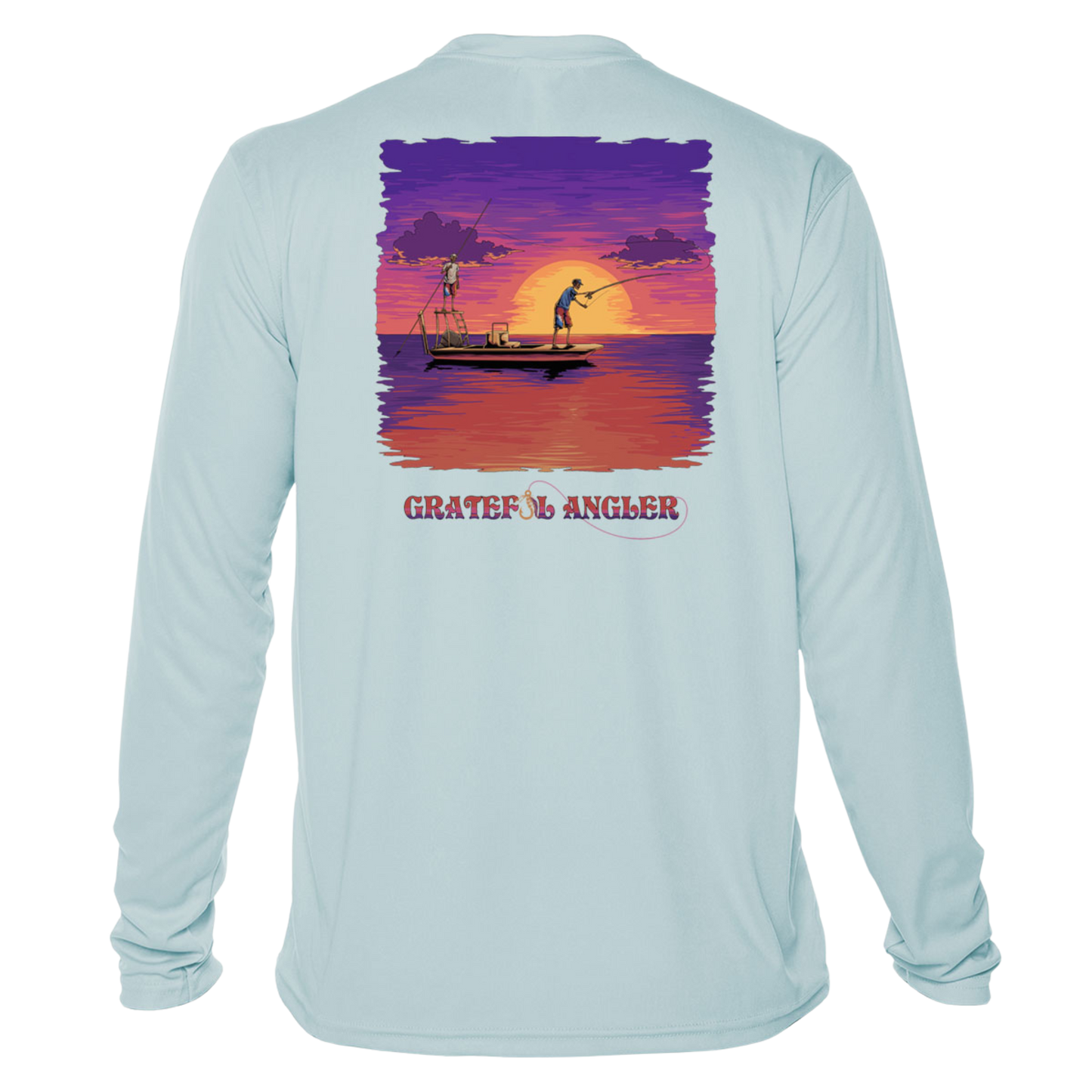 back of arctic blue Grateful Angler Skeleton Anglers UV Shirt showing two skeletons on a boat fishing in front of the sunset