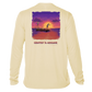 back of pale yellow Grateful Angler Skeleton Anglers UV Shirt showing two skeletons on a boat fishing in front of the sunset