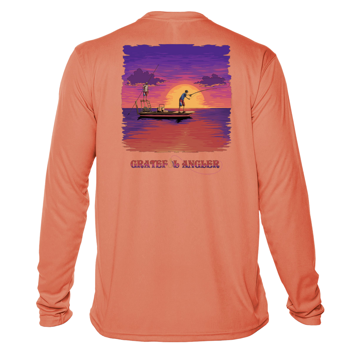 back of salmon Grateful Angler Skeleton Anglers UV Shirt showing two skeletons on a boat fishing in front of the sunset