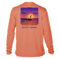 back of salmon Grateful Angler Skeleton Anglers UV Shirt showing two skeletons on a boat fishing in front of the sunset