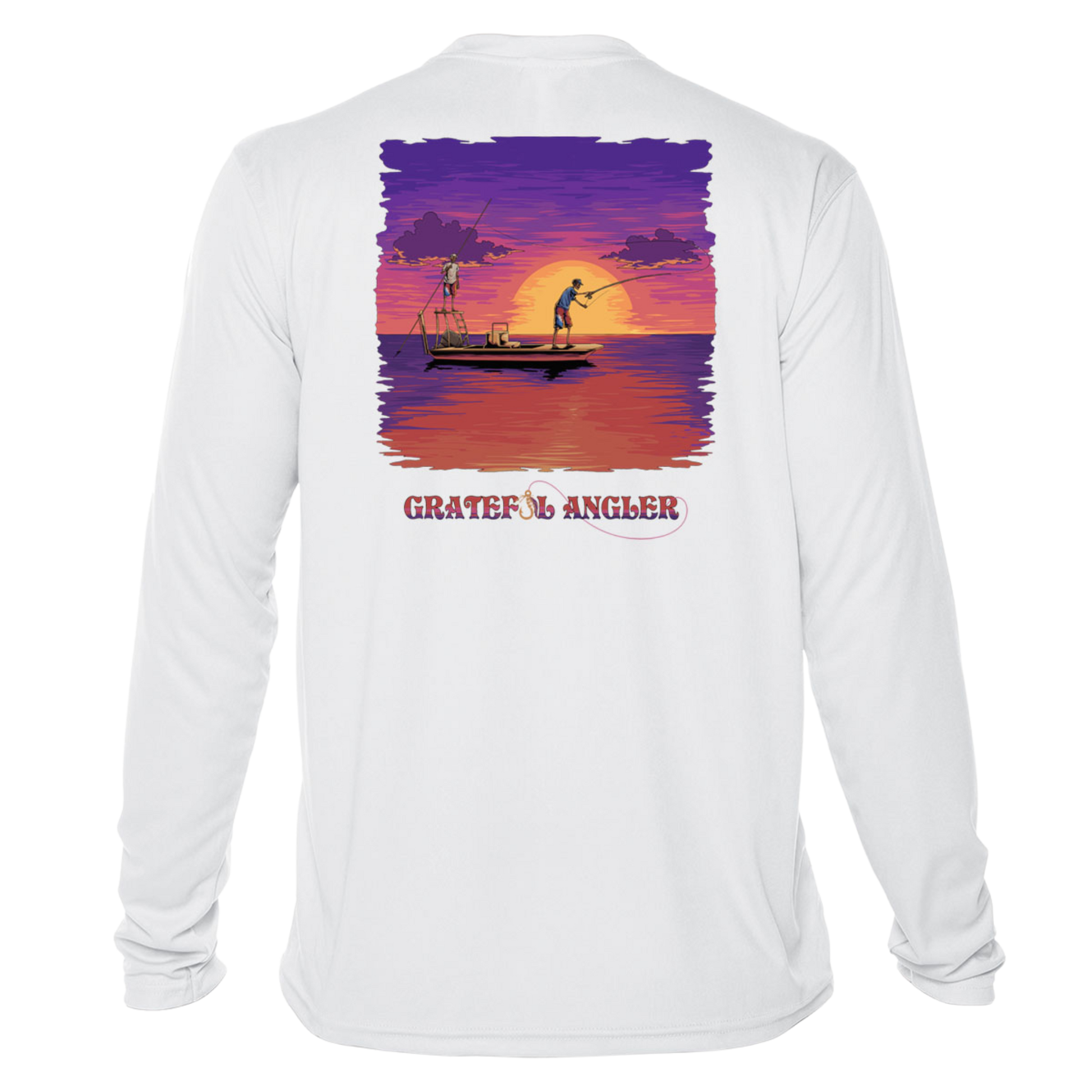 back of white Grateful Angler Skeleton Anglers UV Shirt showing two skeletons on a boat fishing in front of the sunset
