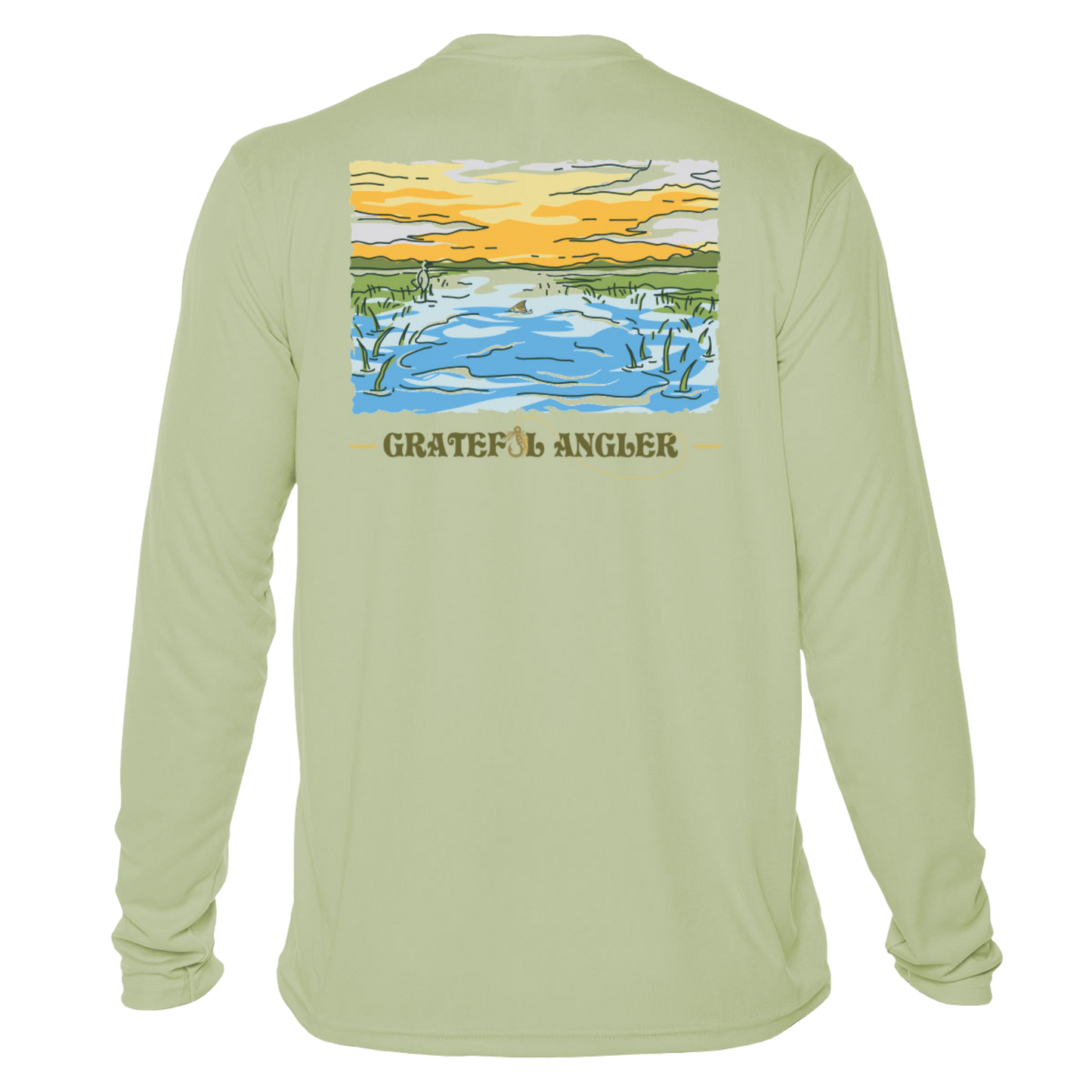 back of sage Grateful Angler Tailing Redfish UV Shirt showing a redfish tail in a stream bed under sunny skies
