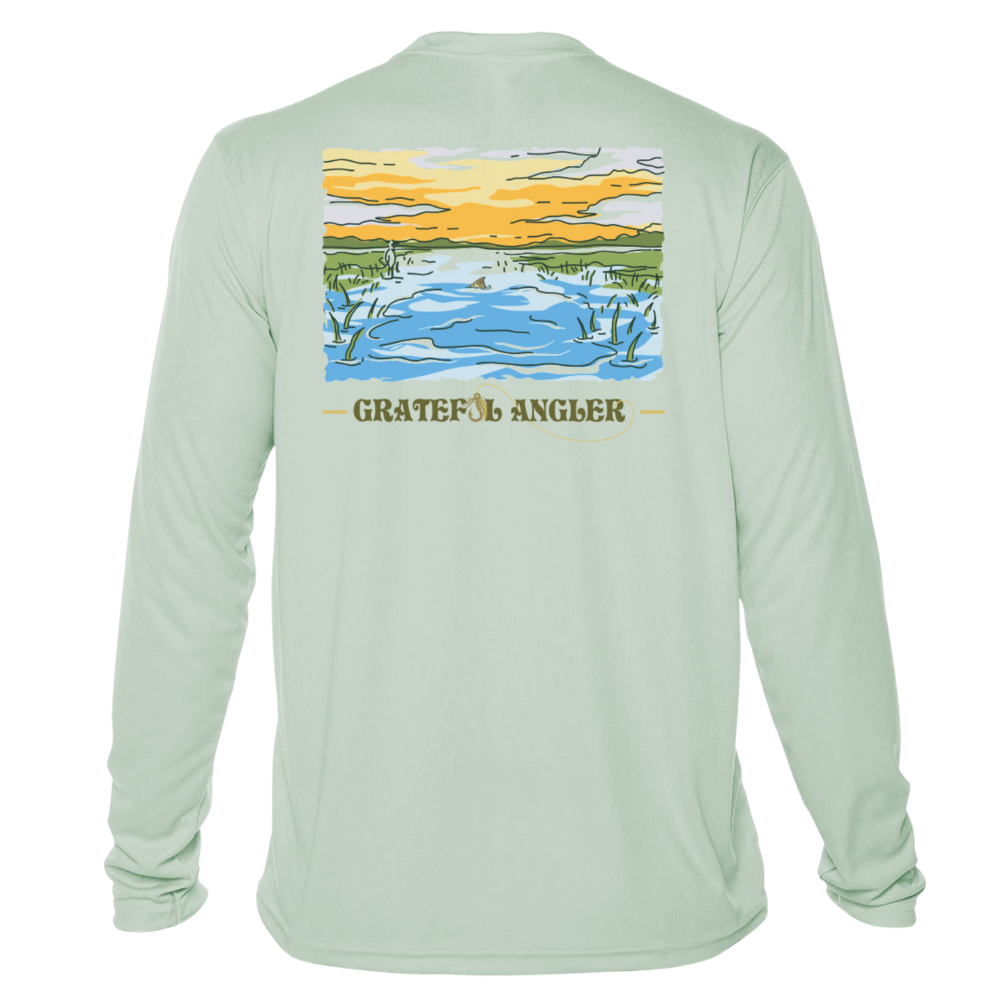back of seagrass Grateful Angler Tailing Redfish UV Shirt showing a redfish tail in a stream bed under sunny skies