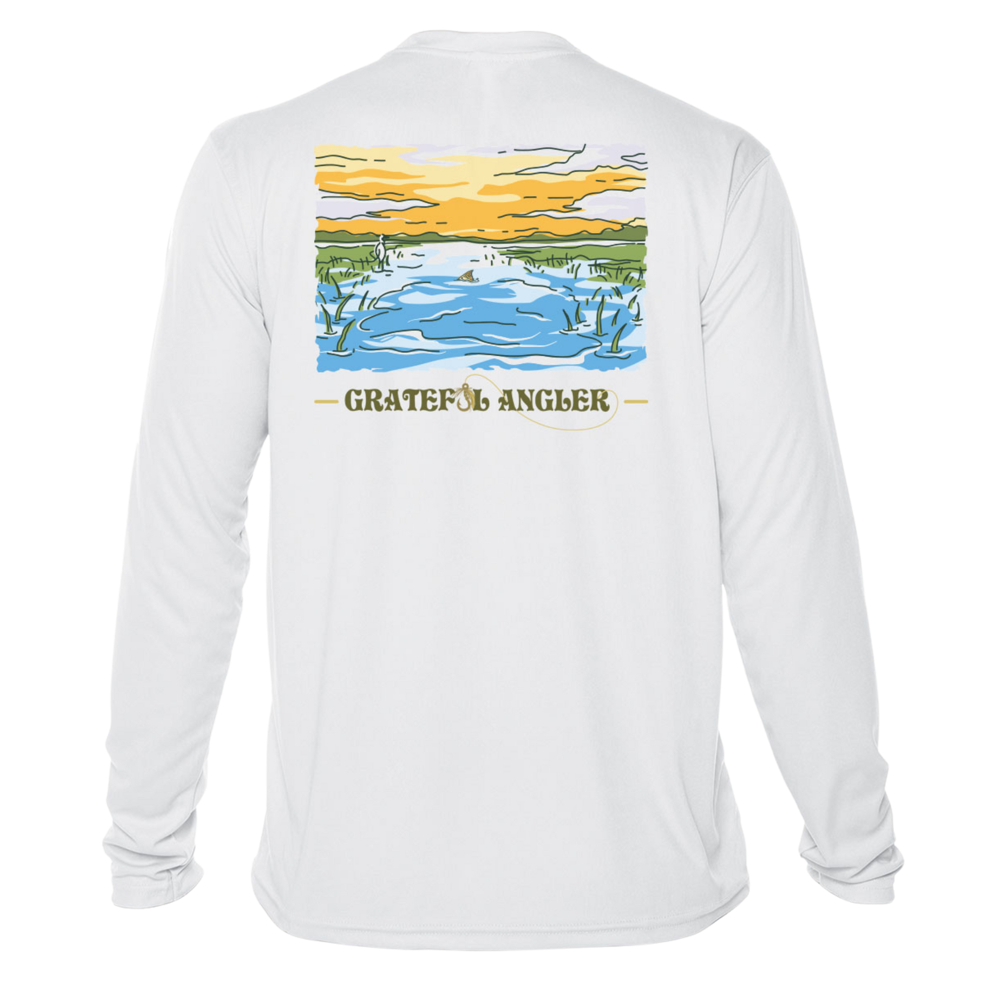 back of white Grateful Angler Tailing Redfish UV Shirt showing a redfish tail in a stream bed under sunny skies