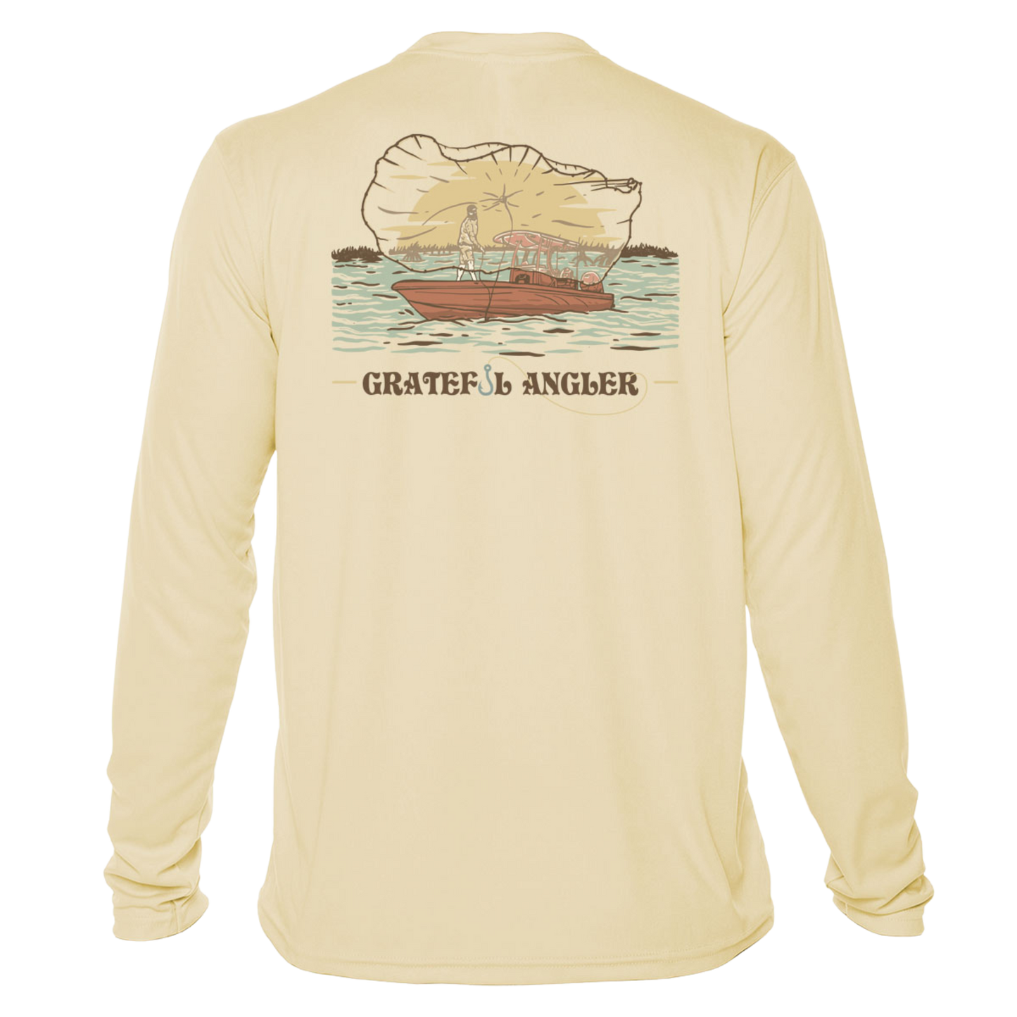 back of pale yellow Grateful Angler Tossing the Cast Net UV Shirt showing a person throwing the cast net over the side of a boat