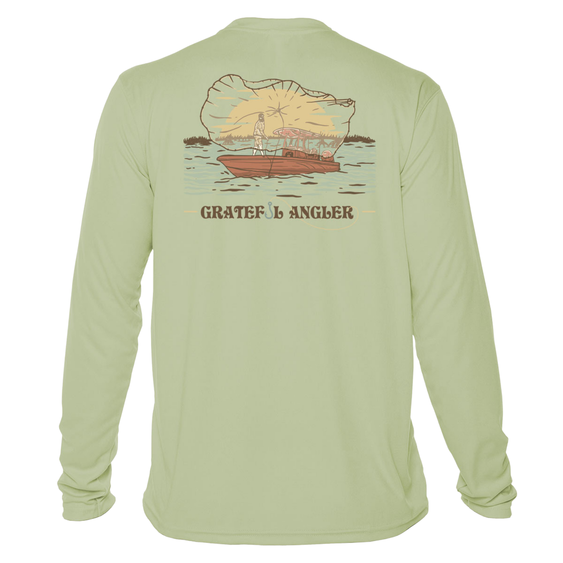 back of sage Grateful Angler Tossing the Cast Net UV Shirt showing a person throwing the cast net over the side of a boat