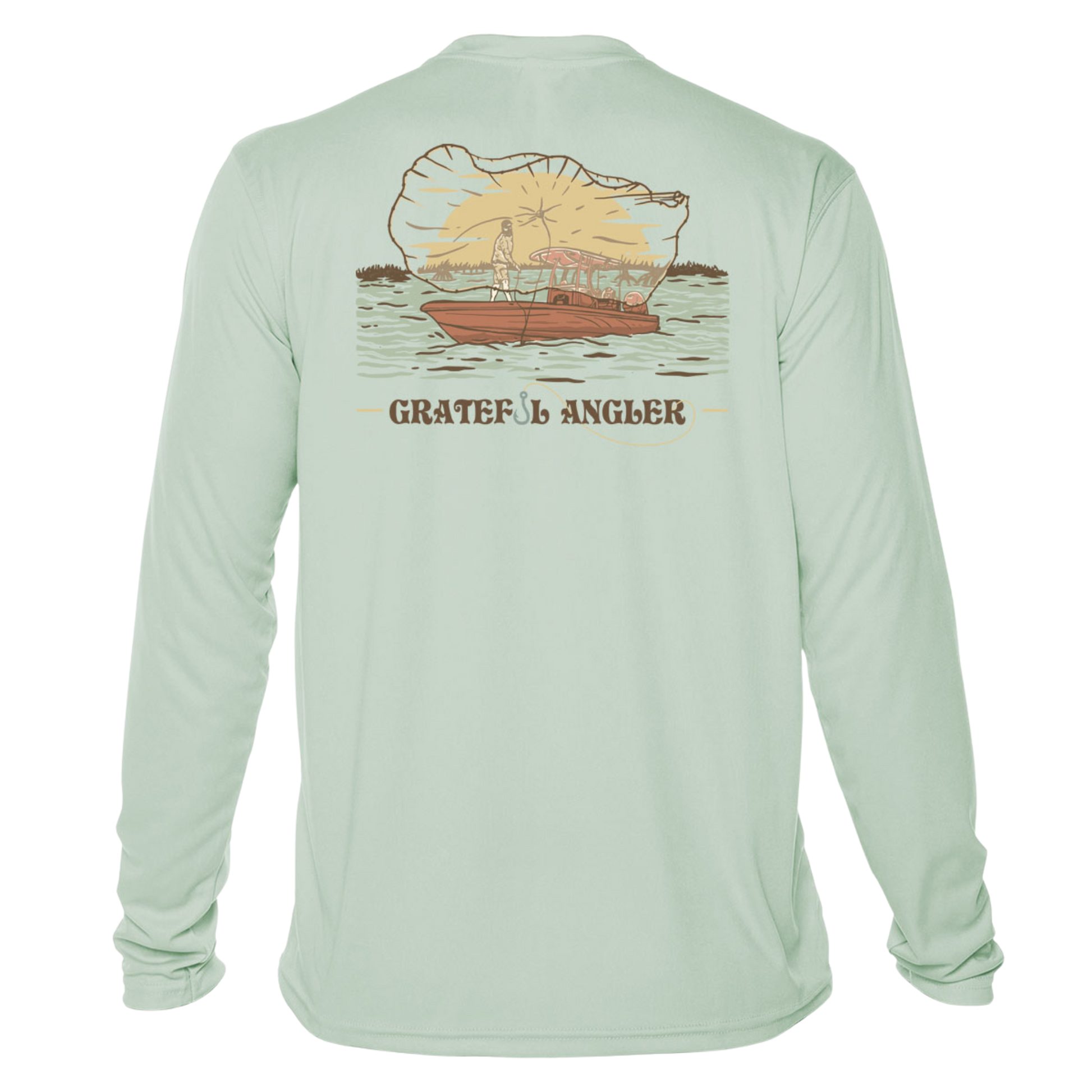 back of seagrass Grateful Angler Tossing the Cast Net UV Shirt showing a person throwing the cast net over the side of a boat