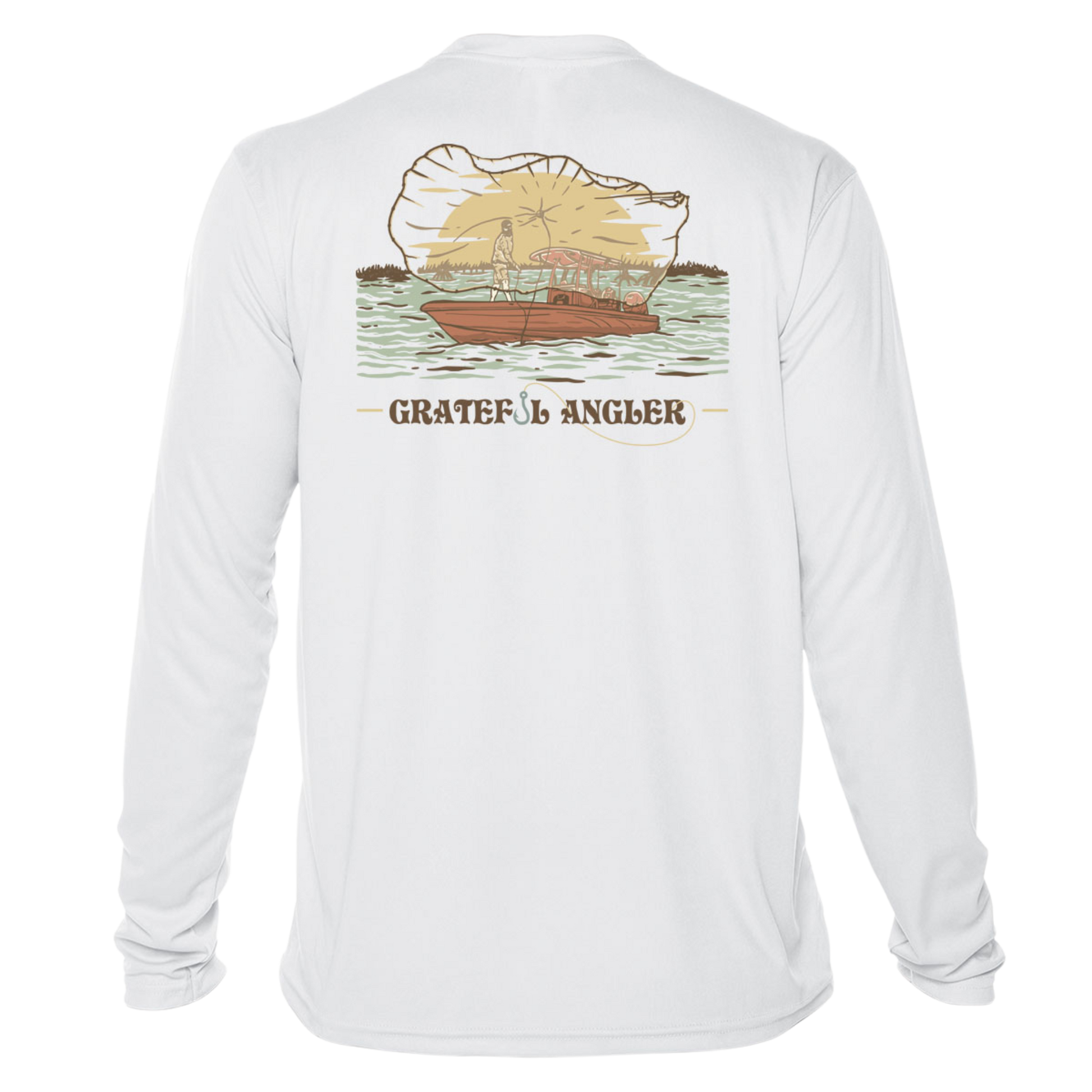 back of white Grateful Angler Tossing the Cast Net UV Shirt showing a person throwing the cast net over the side of a boat